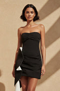 Strapless Ruched Mini Dress With Ruffle in Black