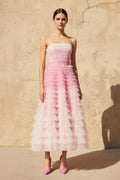 Strapless Ruffled Midi Dress in Pink