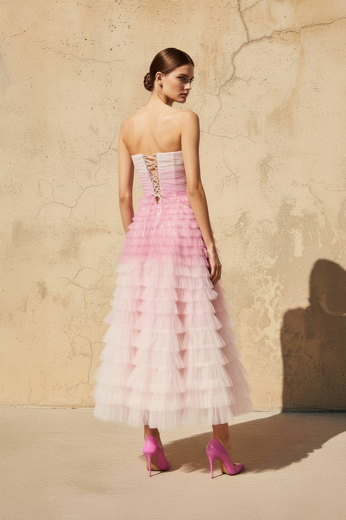 Strapless Ruffled Midi Dress in Pink