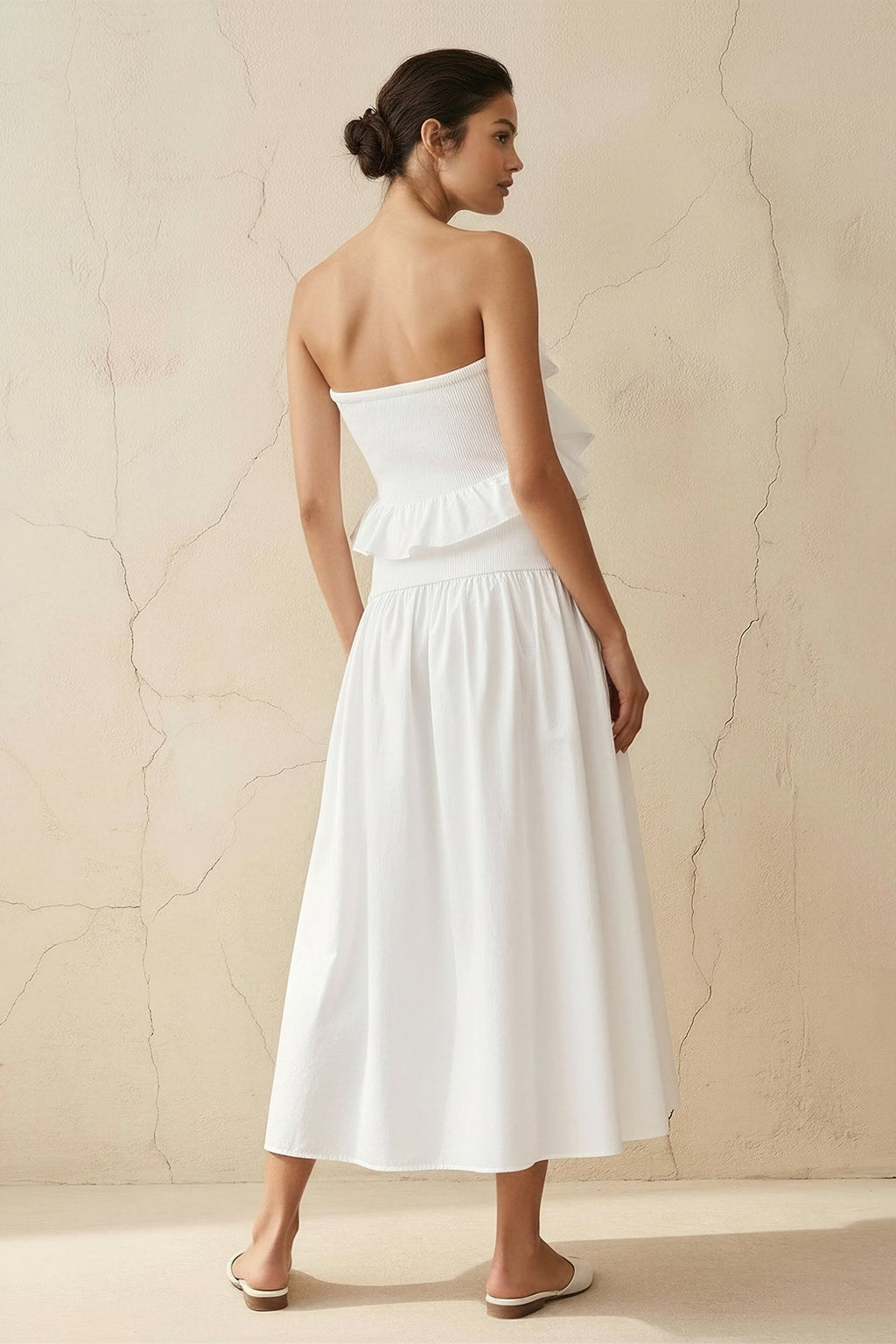 Strapless Ruffled Midi Dress in White