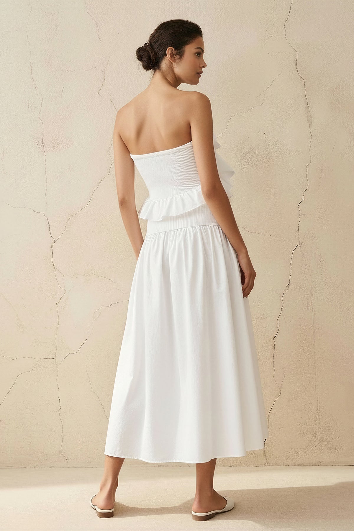 Strapless Ruffled Midi Dress in White