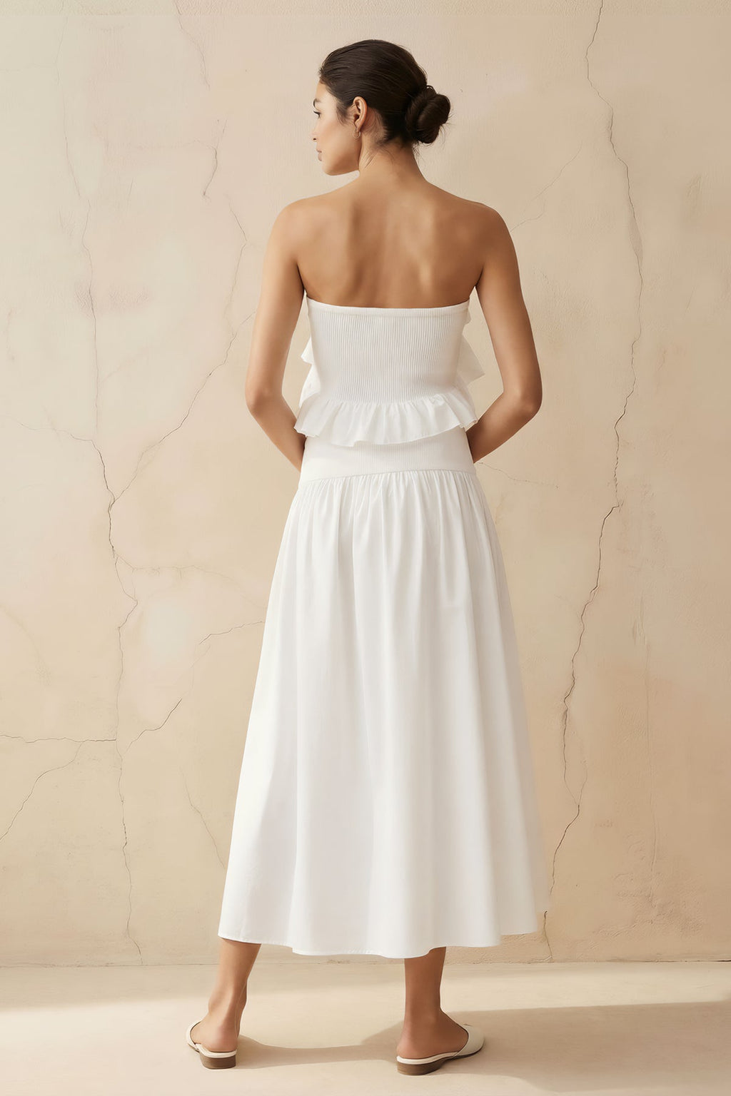 Strapless Ruffled Midi Dress in White