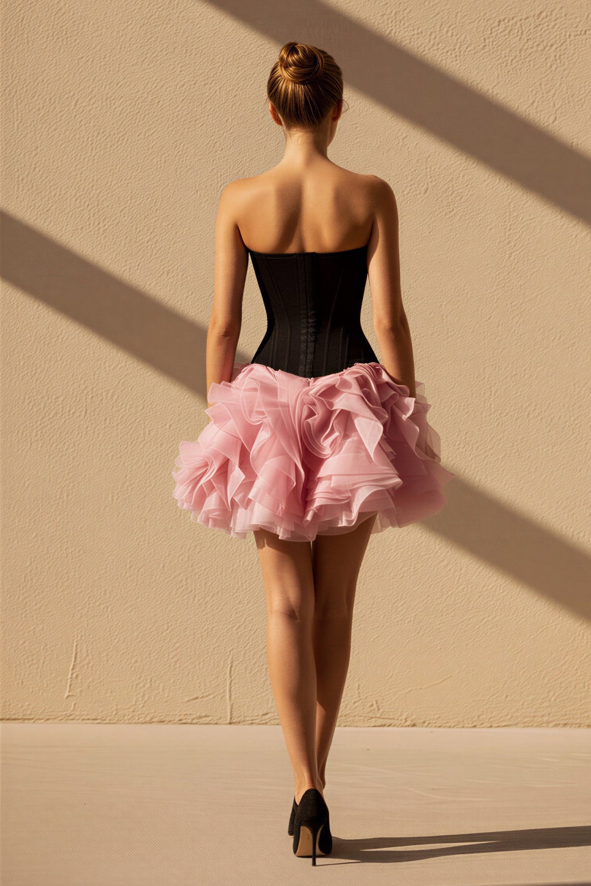 Strapless Ruffled Mini Dress in Black and Pink