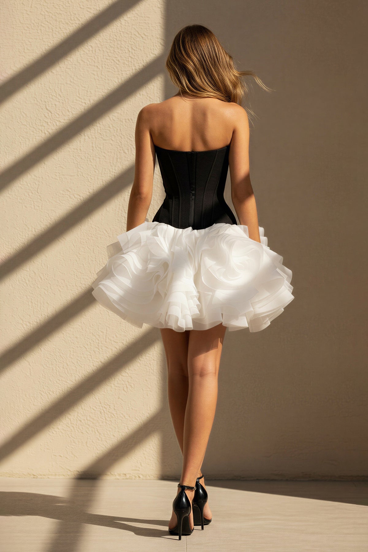 Strapless Ruffled Mini Dress in Black and White