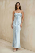 Strapless Satin Draped Maxi Dress in Sky Blue