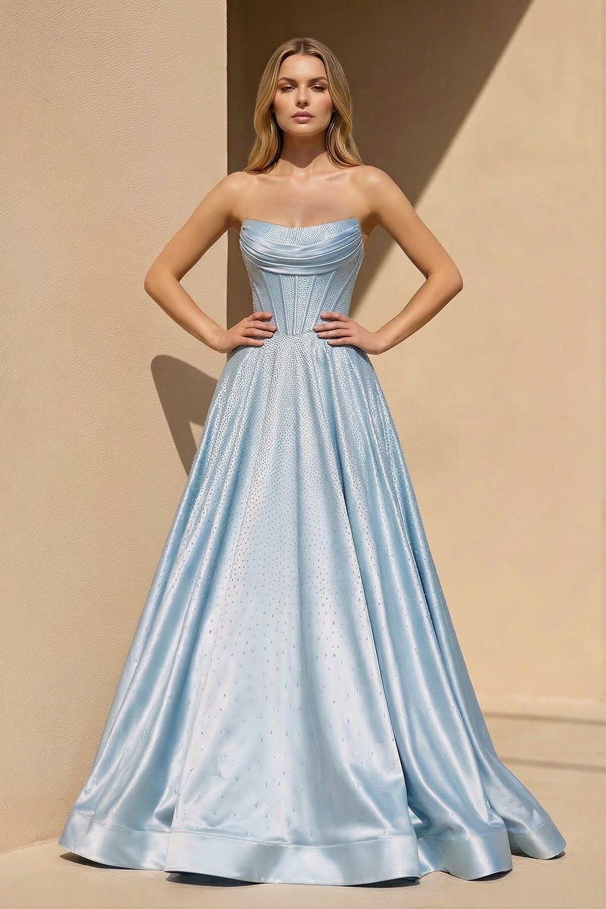 Strapless Satin Prom Dresses With Beading in Sky Blue