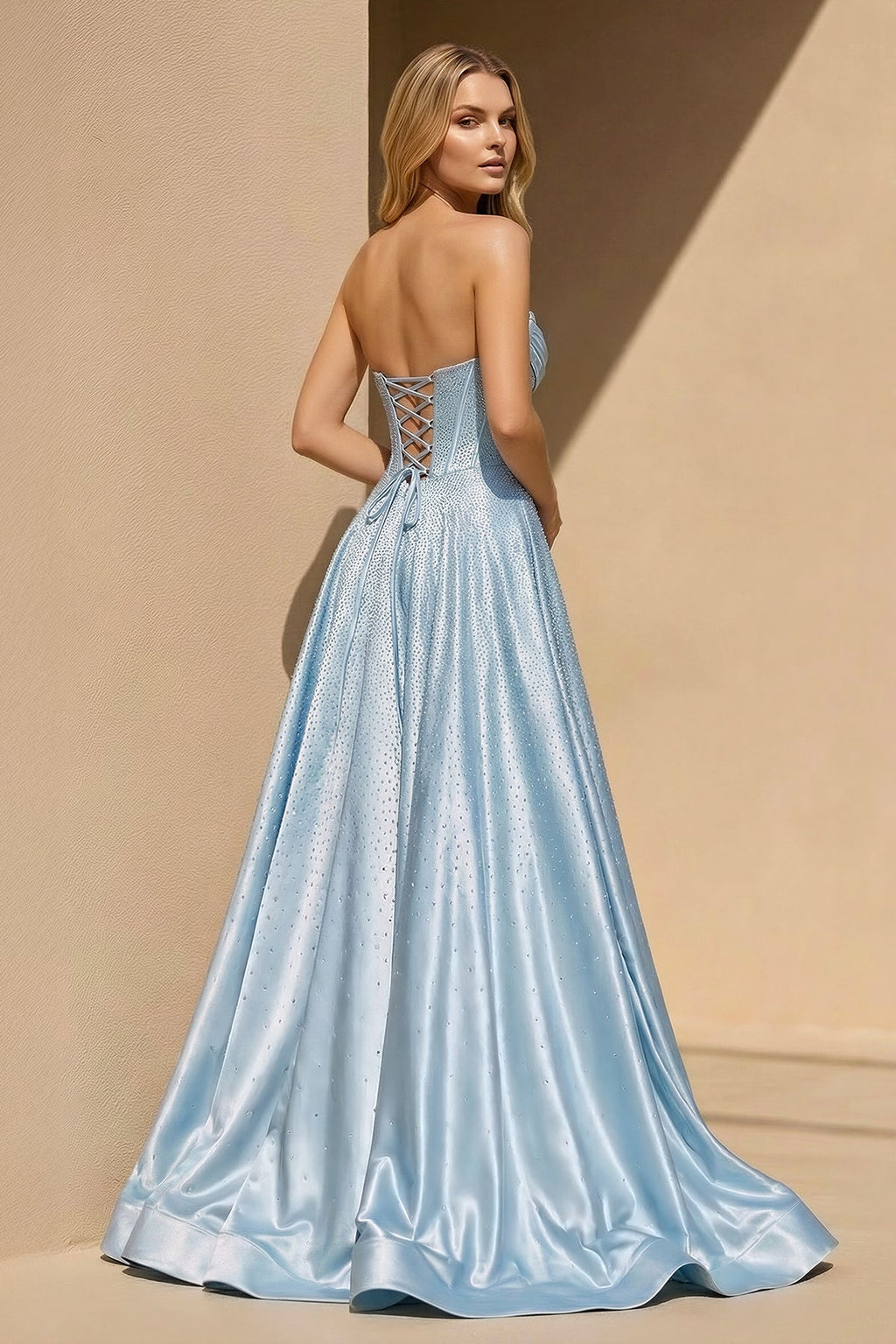 Strapless Satin Prom Dresses With Beading in Sky Blue