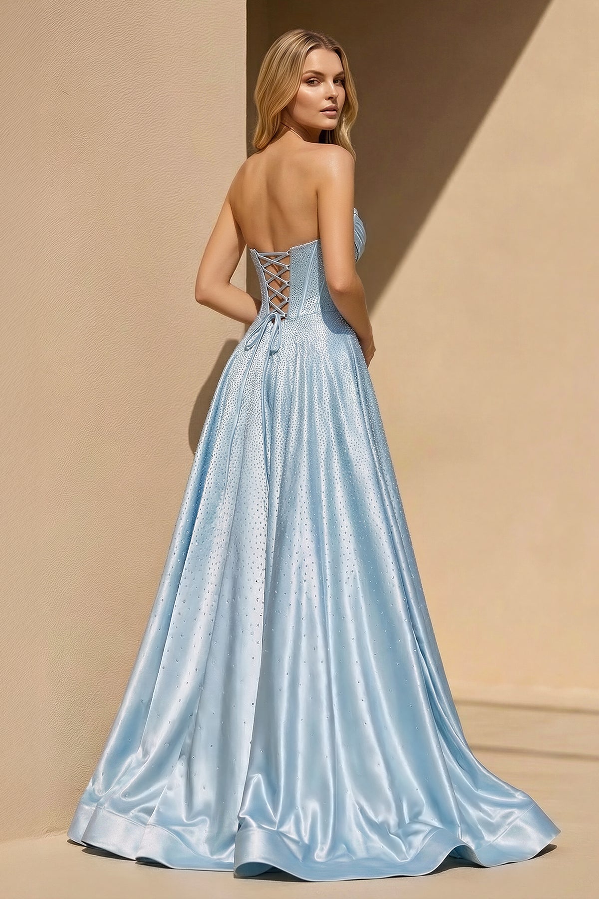 Strapless Satin Prom Dresses With Beading in Sky Blue