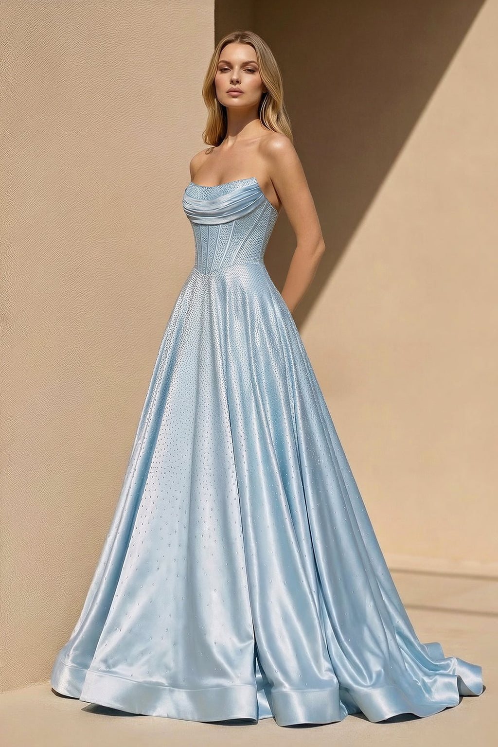Strapless Satin Prom Dresses With Beading in Sky Blue