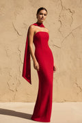 Strapless Scarf-Draped Maxi Dress in Red