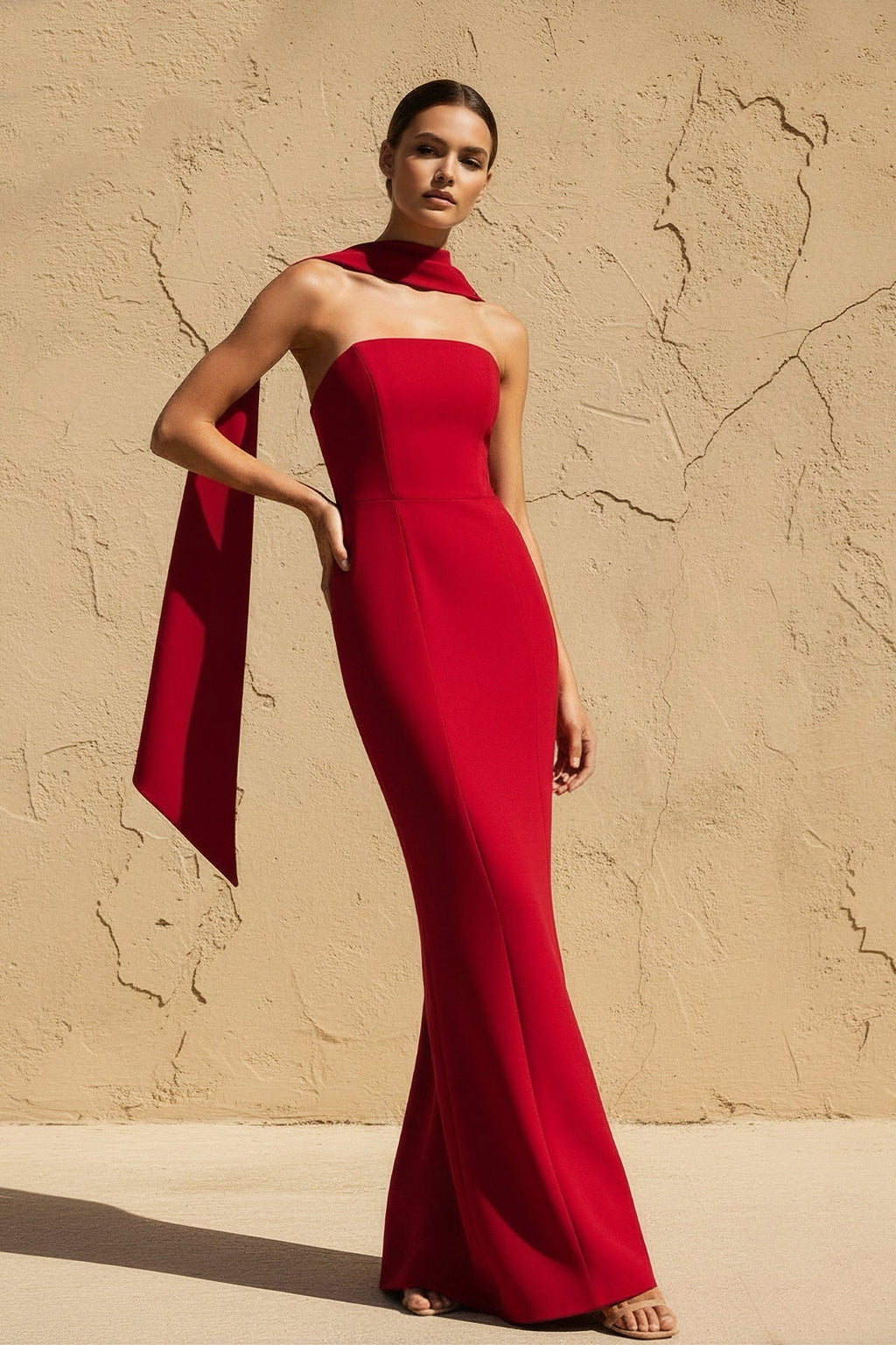 Strapless Scarf-Draped Maxi Dress in Red