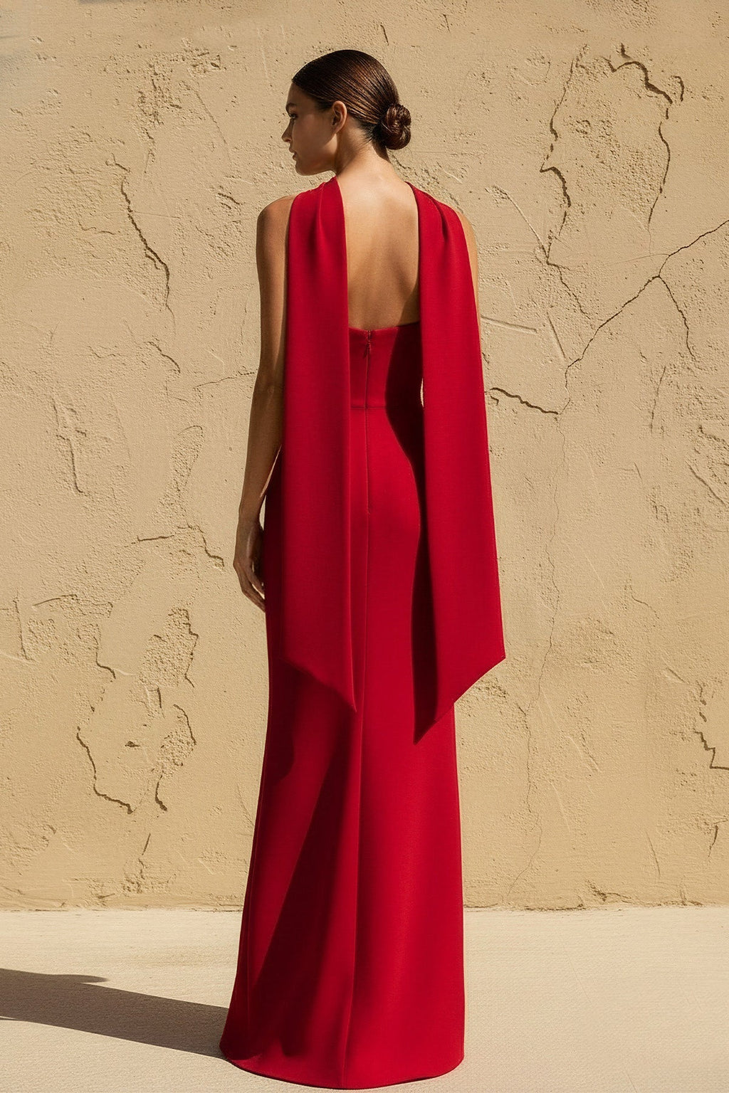 Strapless Scarf-Draped Maxi Dress in Red