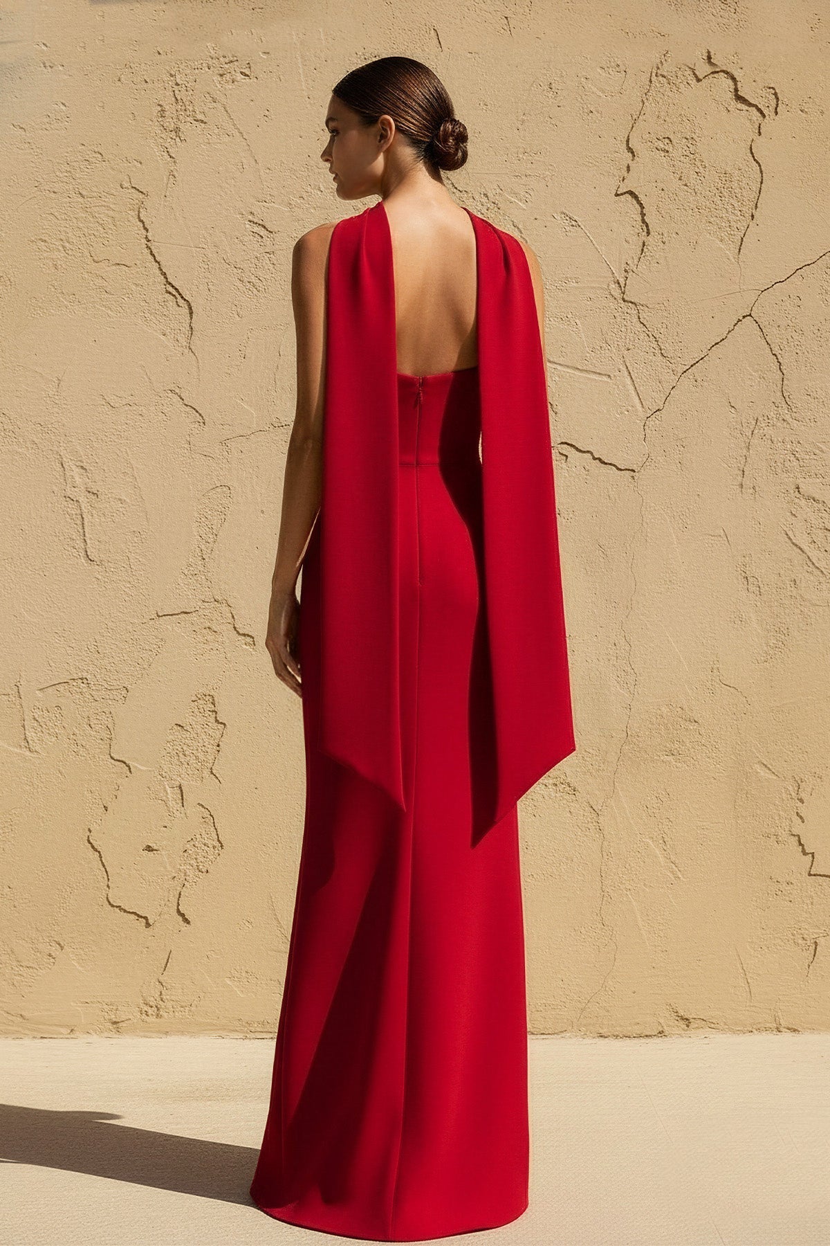 Strapless Scarf-Draped Maxi Dress in Red