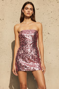 Strapless Sequined Mini Dress in Pink