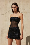 Strapless Sequins Mesh Mini Dress in Black