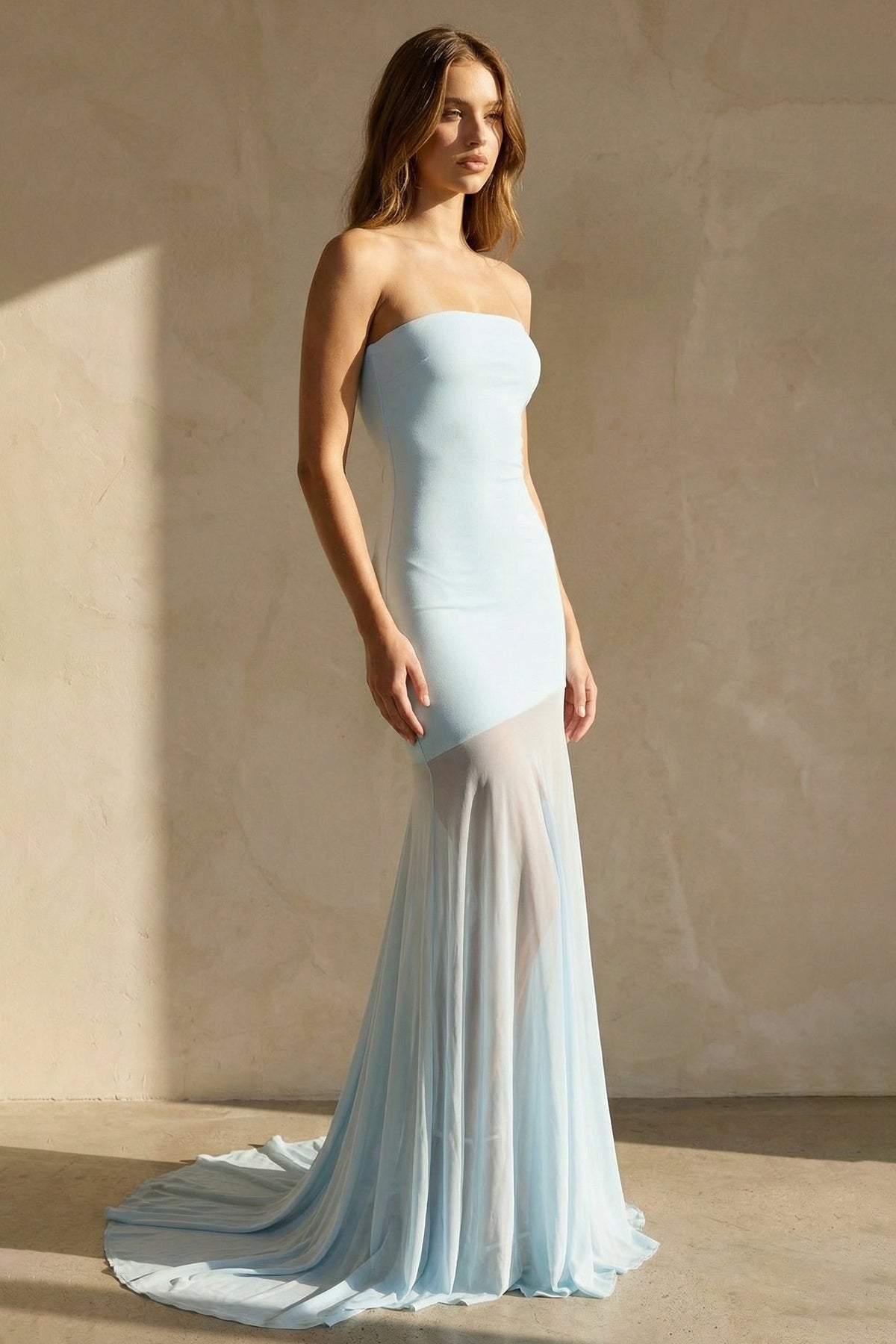 Strapless Sheer-Panel Maxi Dress in Sky Blue