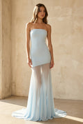 Strapless Sheer-Panel Maxi Dress in Sky Blue