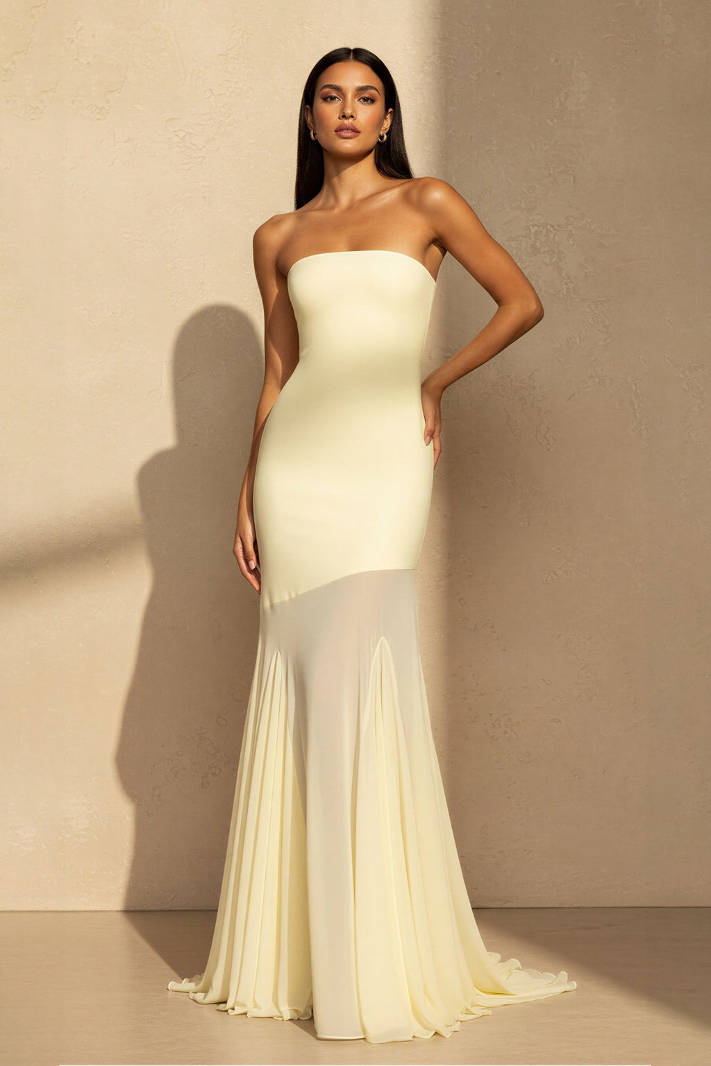 Strapless Sheer-Panel Maxi Dress in Yellow