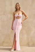 Strapless Twist-Front Ruffled Maxi Dress in Pink