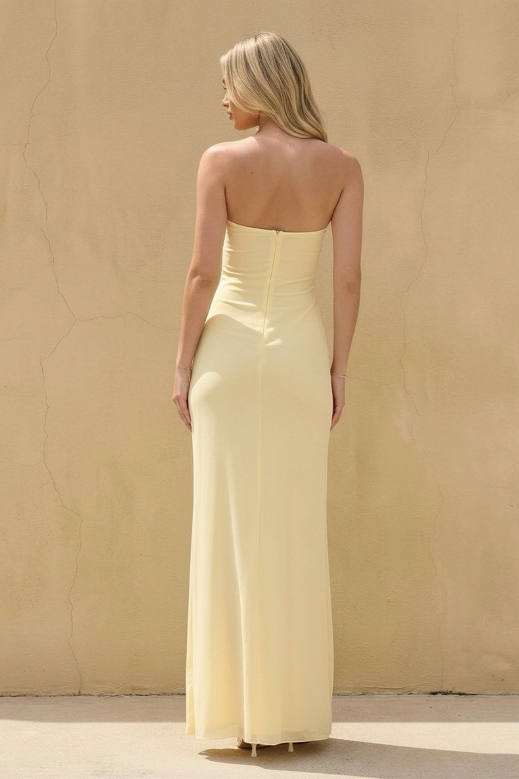 Strapless Twist-Front Ruffled Maxi Dress in Yellow