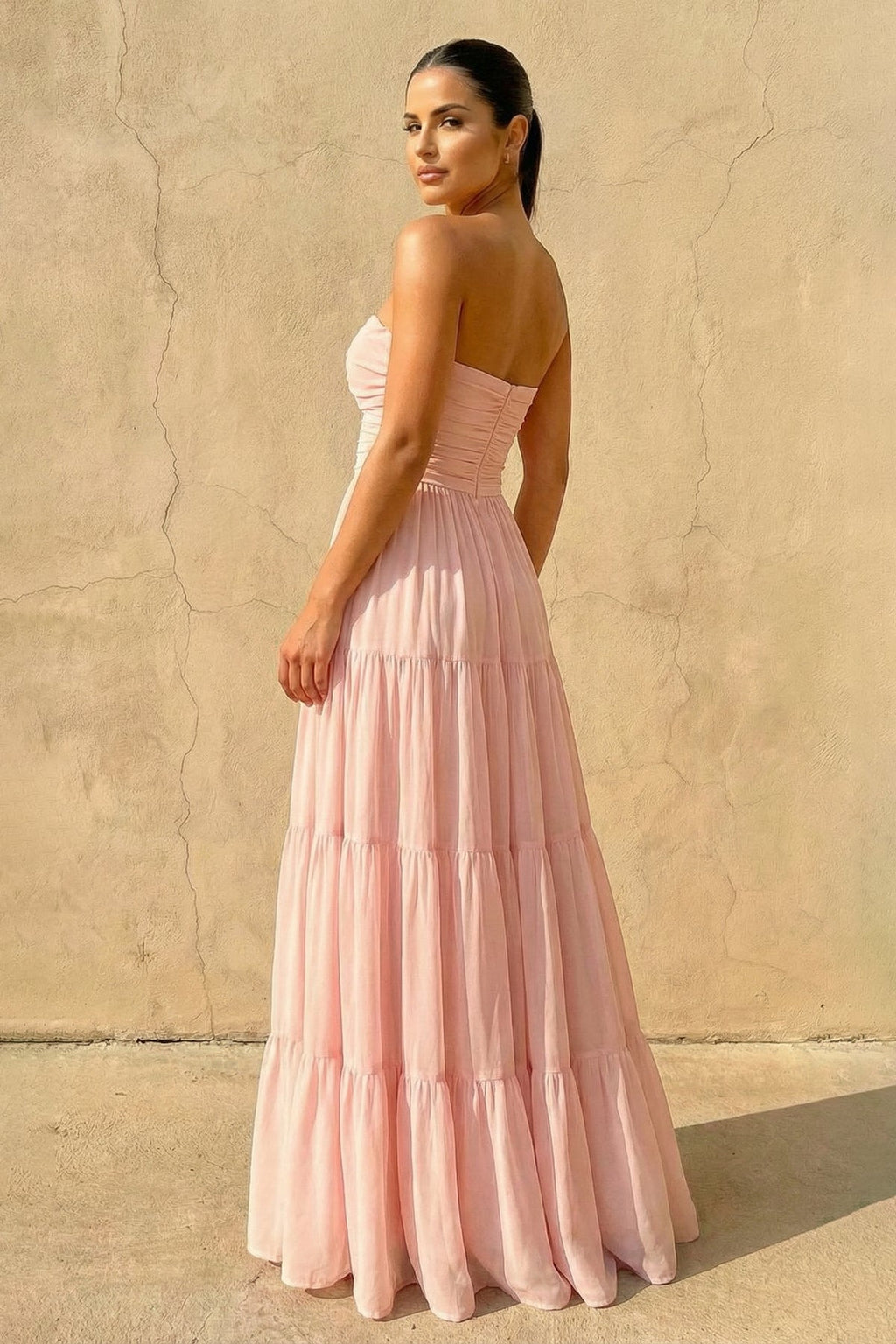 Strapless Twist-Front Tiered Maxi Dress in Blush
