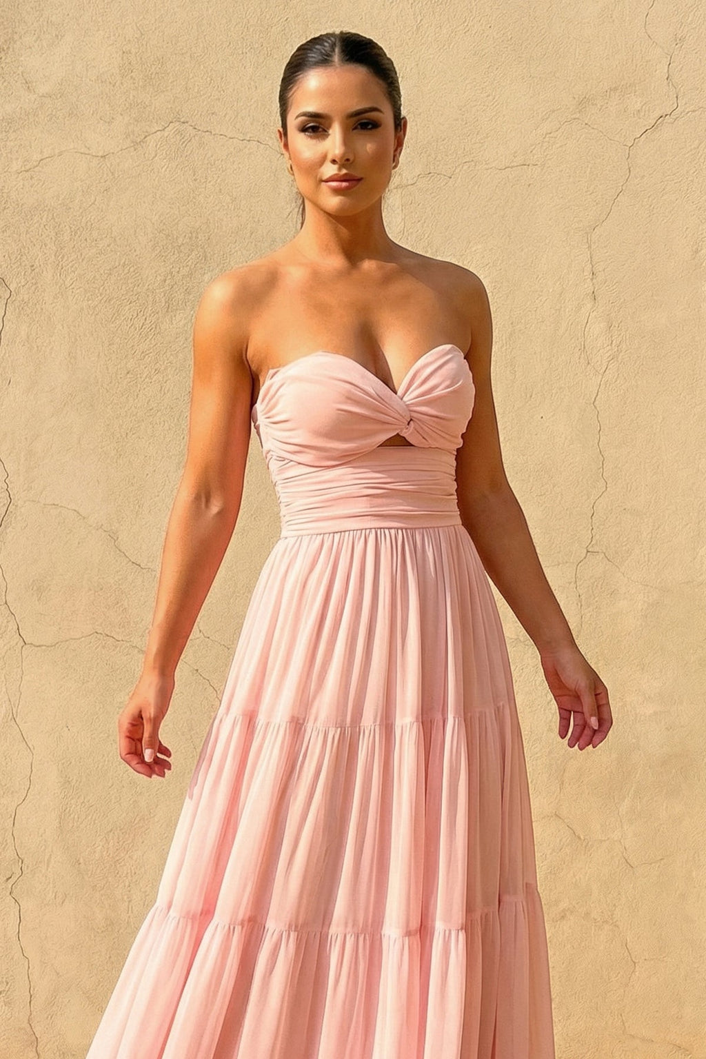 Strapless Twist-Front Tiered Maxi Dress in Blush