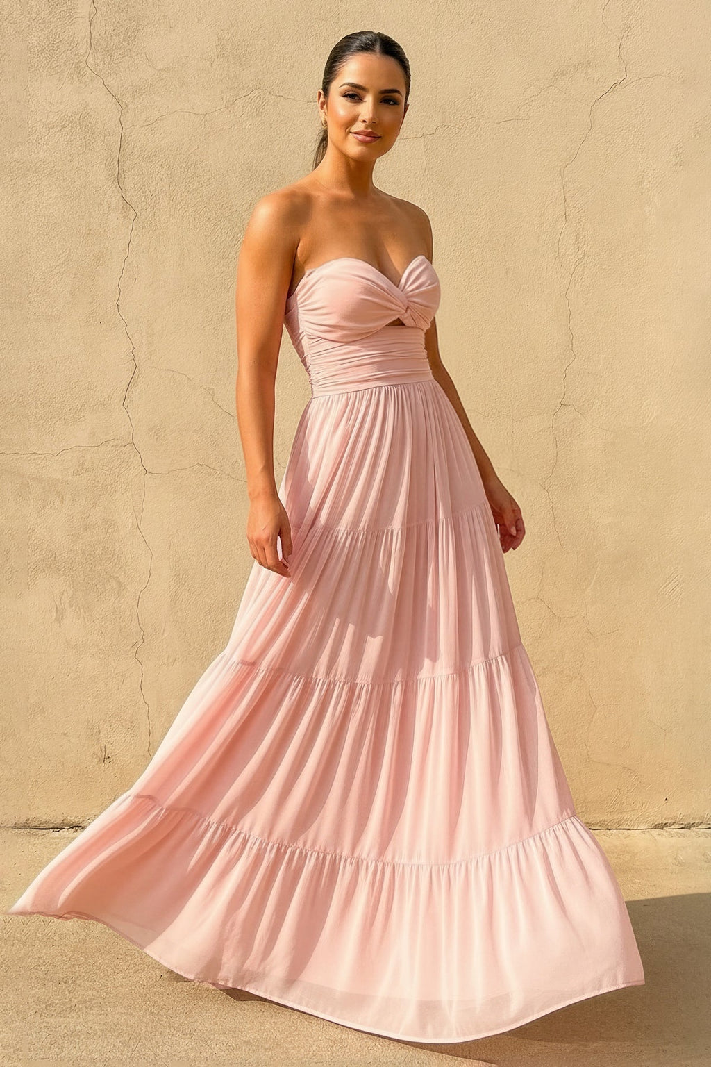 Strapless Twist-Front Tiered Maxi Dress in Blush