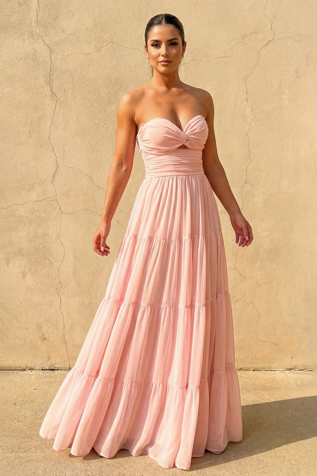 Strapless Twist-Front Tiered Maxi Dress in Blush