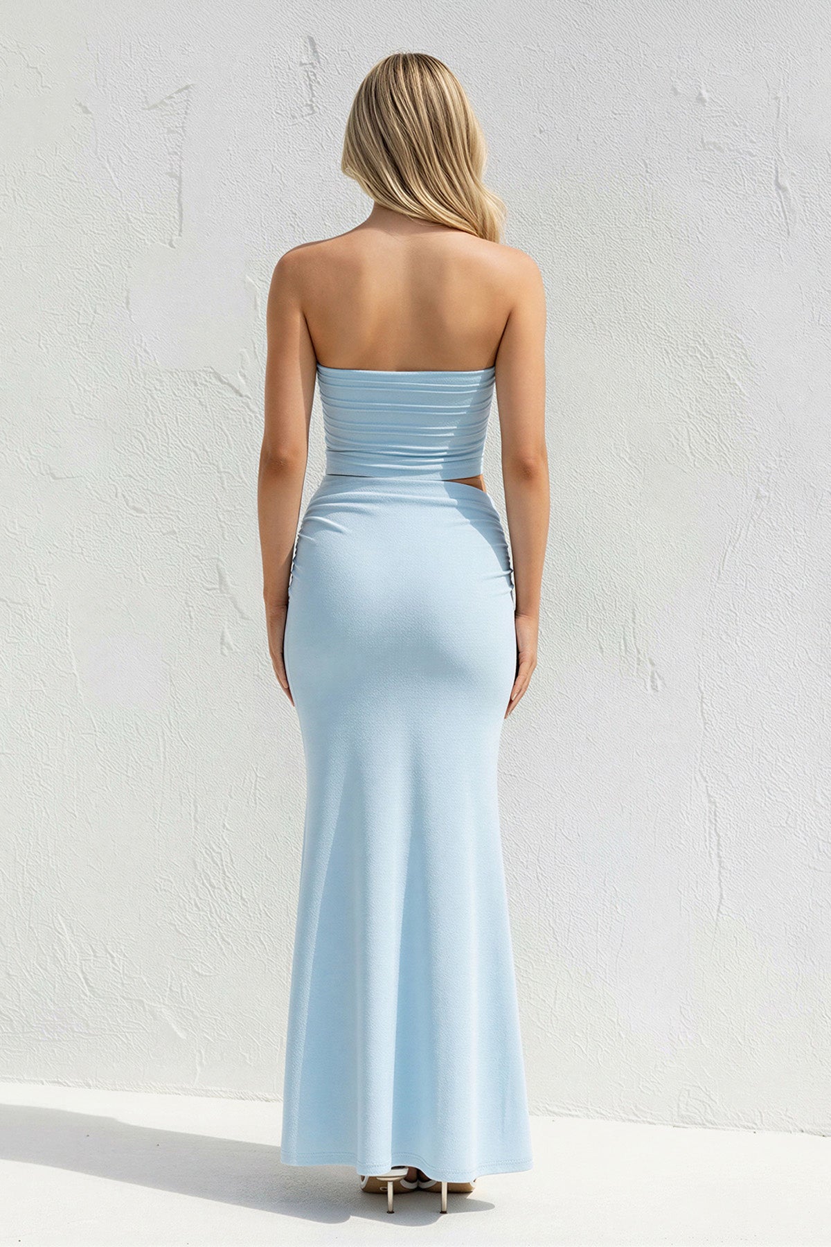 Strapless Two-Piece Pleated Maxi Dress in Sky Blue