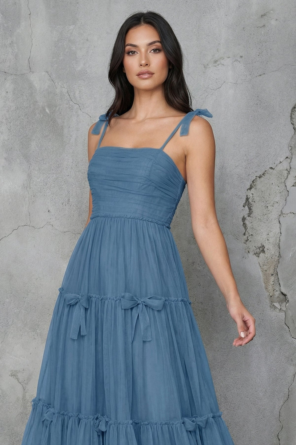 Tiered Maxi Dress With Bow in Steel Blue