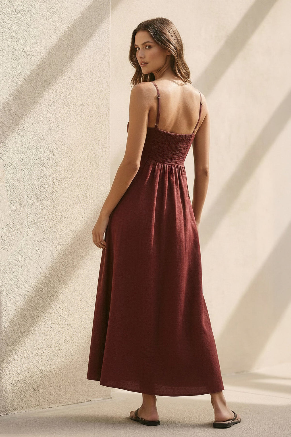 V Neck A-Line Maxi Dress in Burgundy