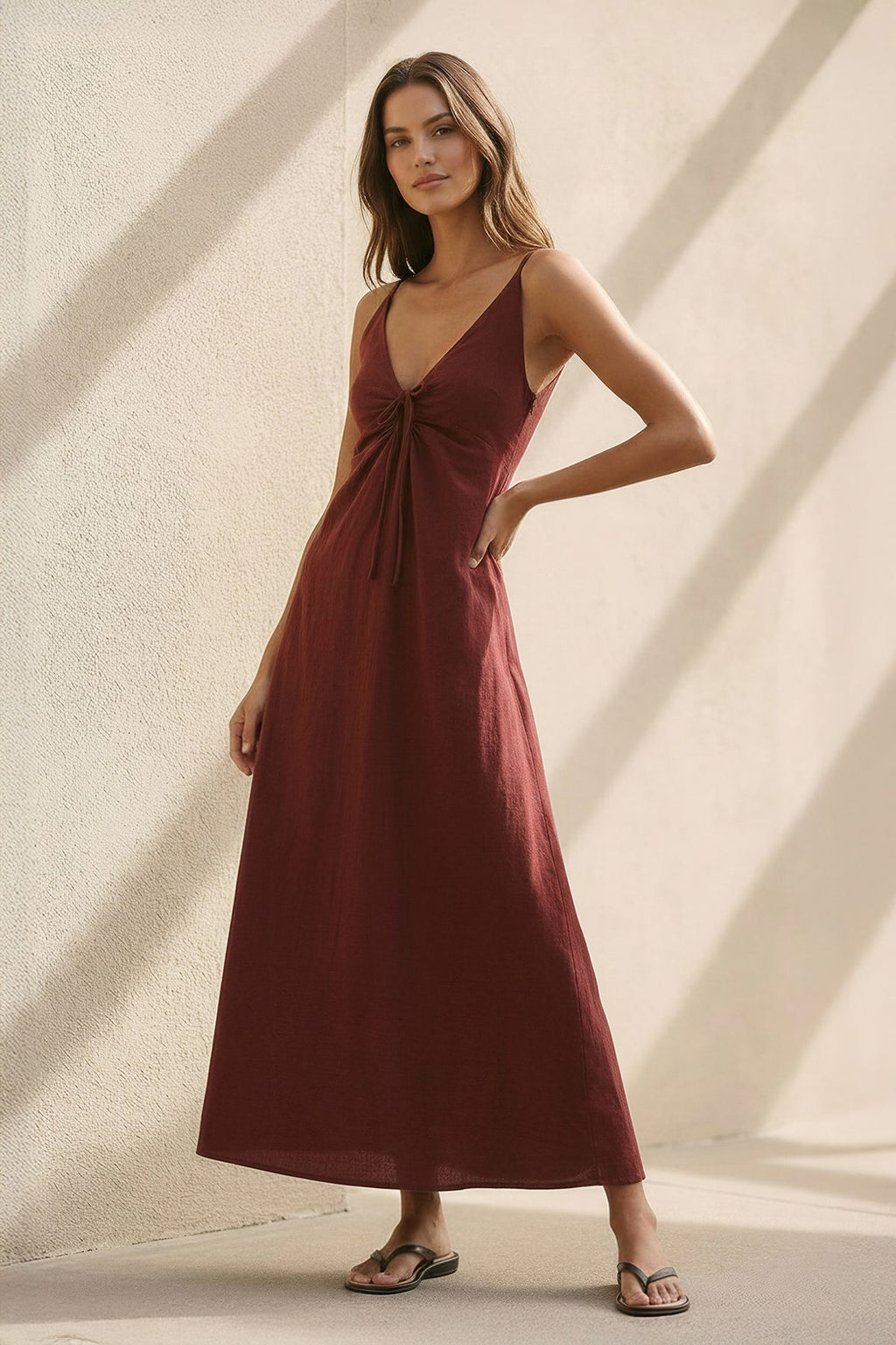 V Neck A-Line Maxi Dress in Burgundy