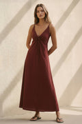 V Neck A-Line Maxi Dress in Burgundy