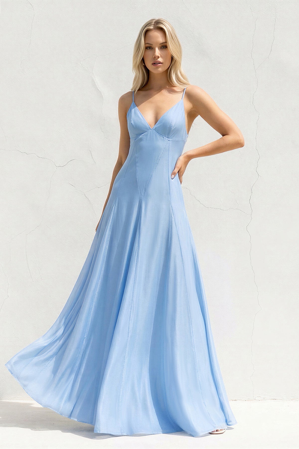 V Neck A Line Maxi Dress in Sky Blue