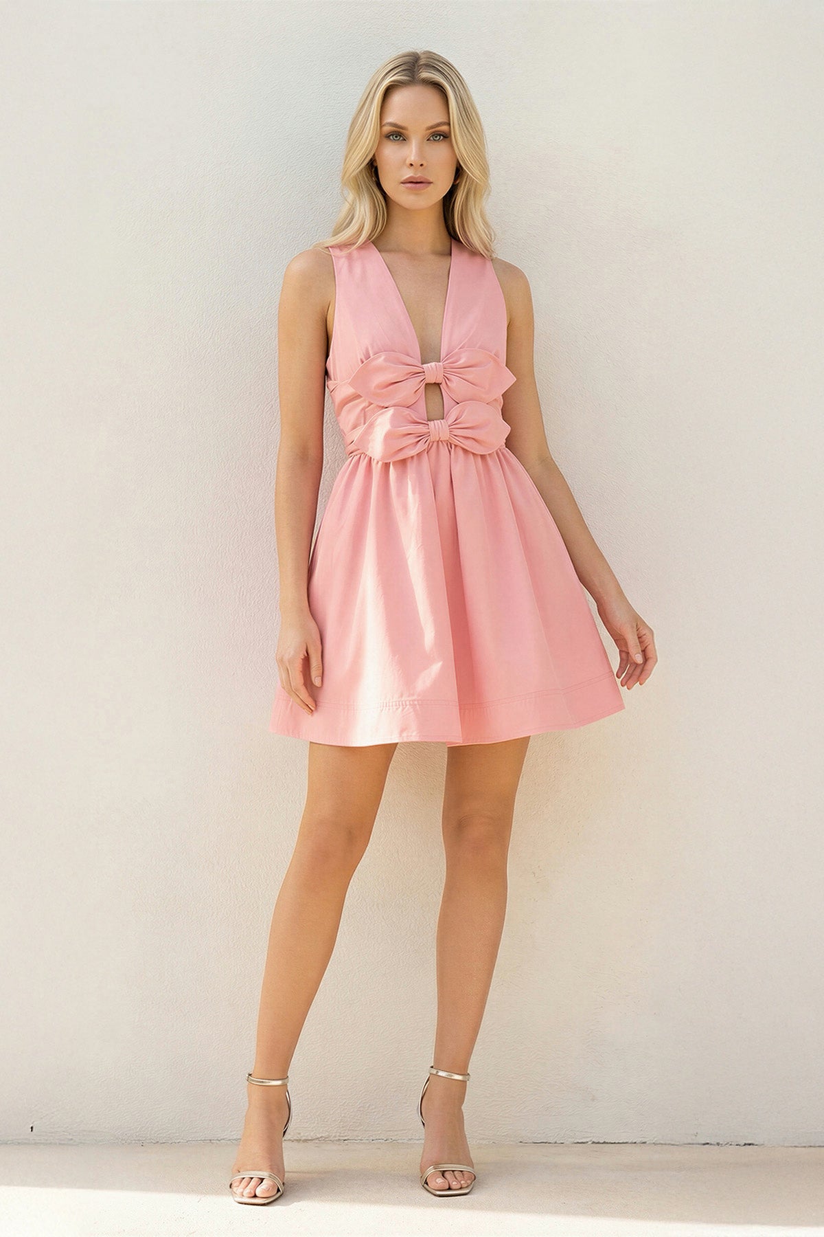 V Neck Cutout Mini Dress With Bow in Pink