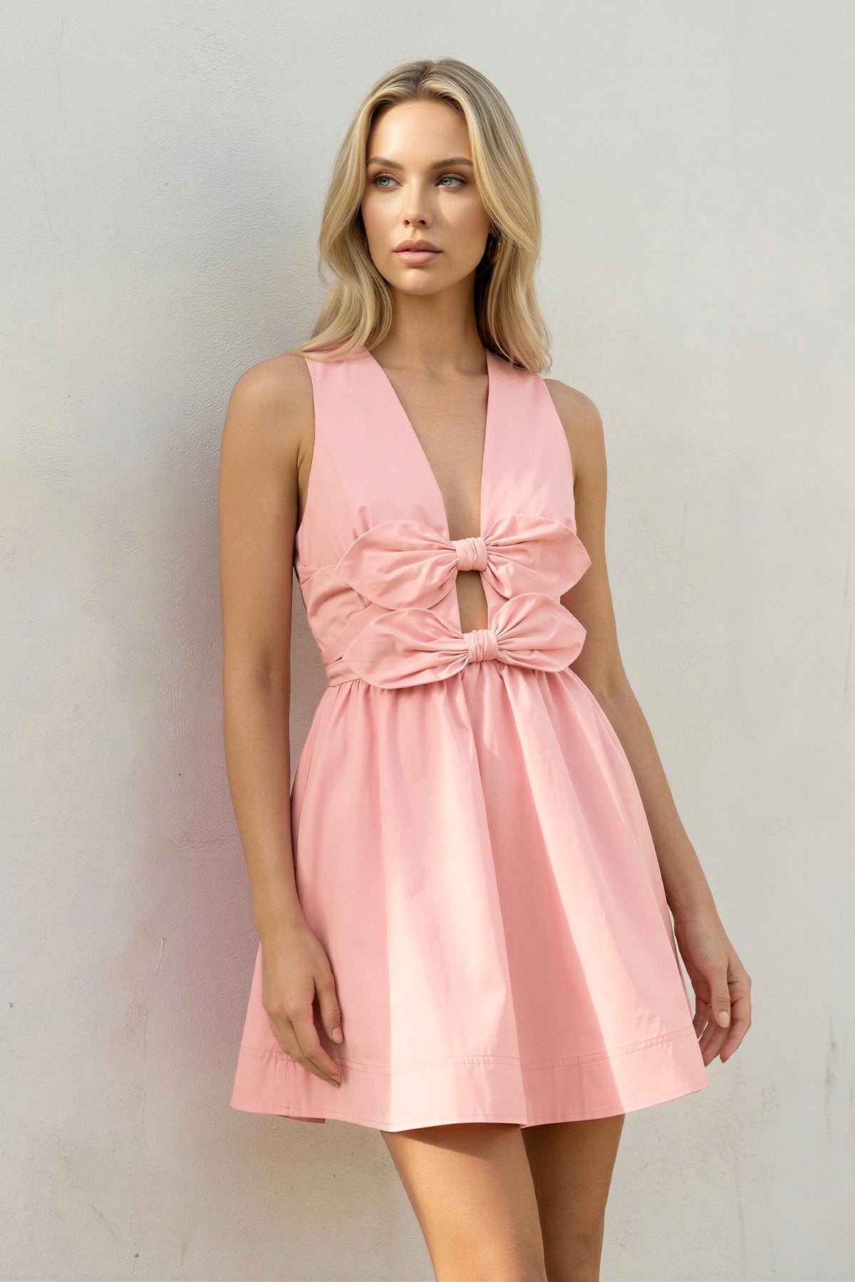 V Neck Cutout Mini Dress With Bow in Pink