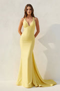 V Neck Open Back Prom Dress in Yellow