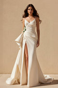 V Neck Pleated Prom Dress With Floral in Ivory