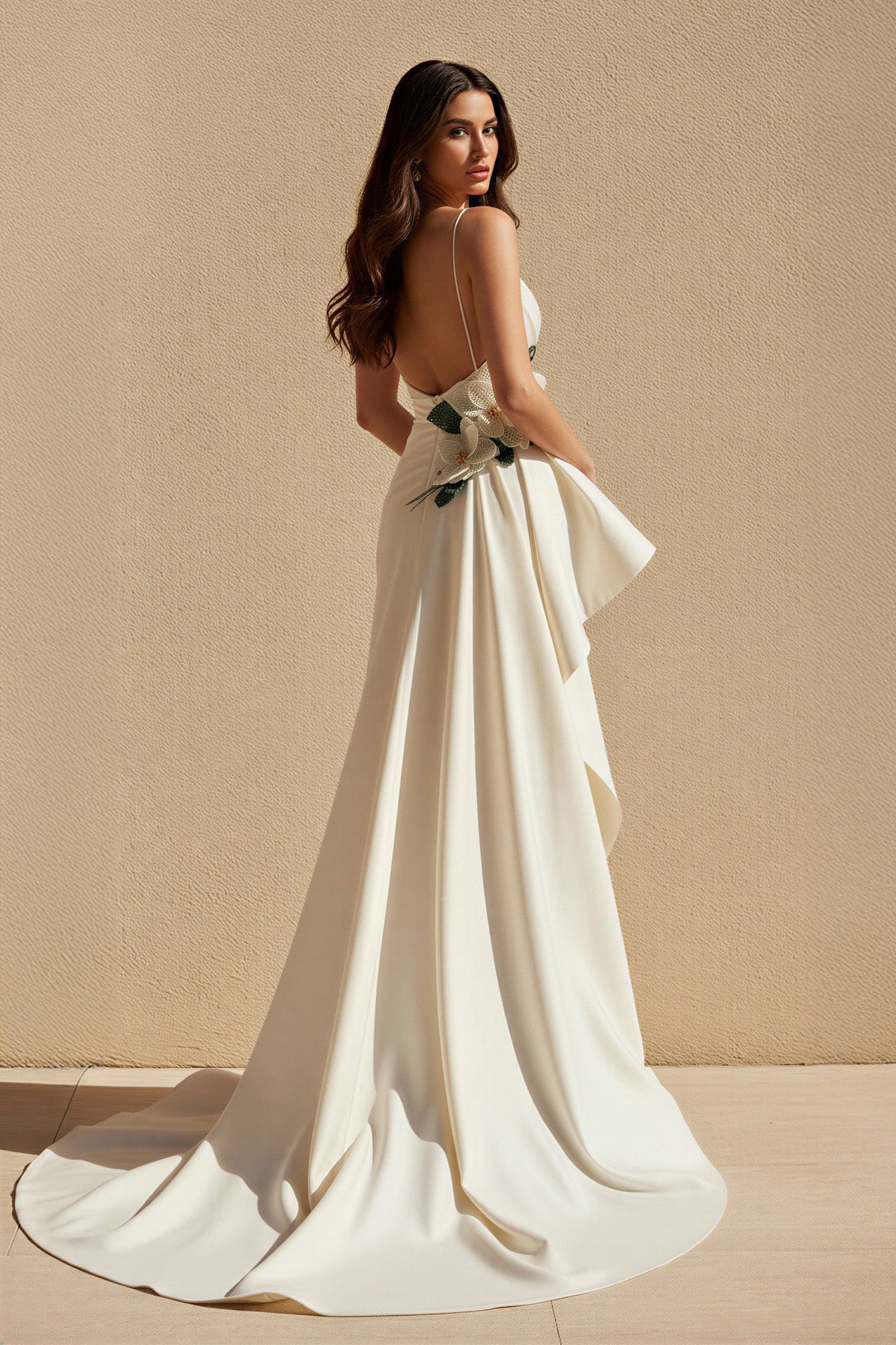 V Neck Pleated Prom Dress With Floral in Ivory