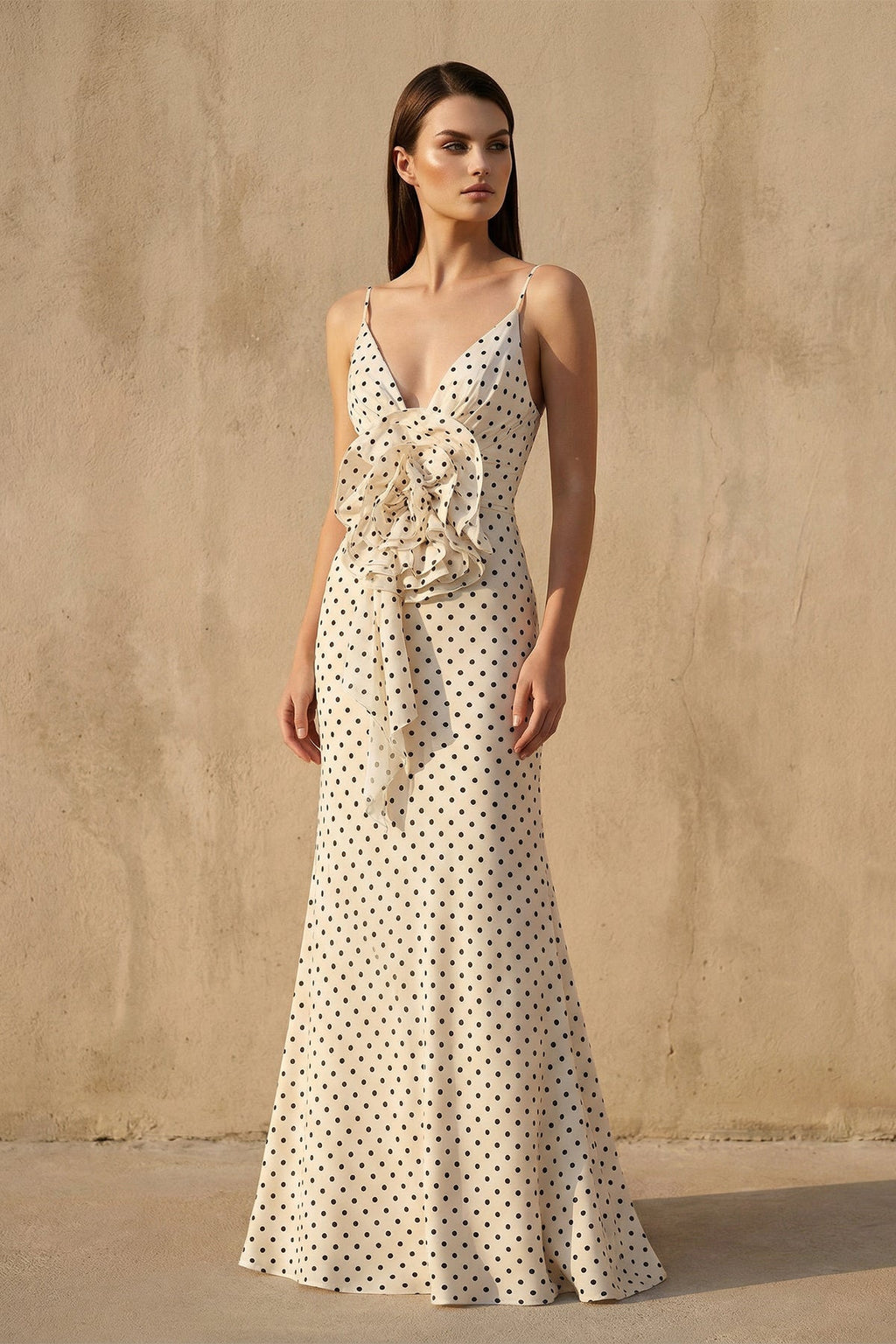 V Neck Polka Dot Ruffled Maxi Dress in Ivory