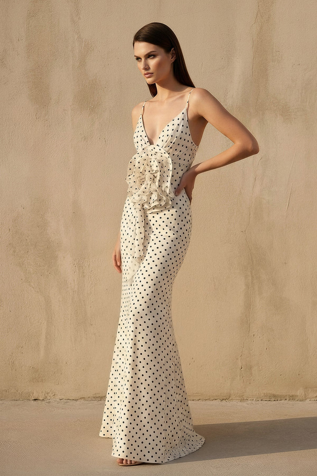 V Neck Polka Dot Ruffled Maxi Dress in Ivory