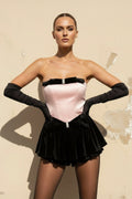 Velvet Strapless Mini Dress With Bow in Black and Pink